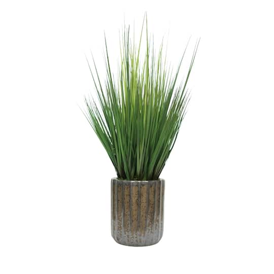 House of Silk Flowers 30" Faux Ornamental Onion Grass in Glazed Black Fluted Cylindrical Ceramic Pot